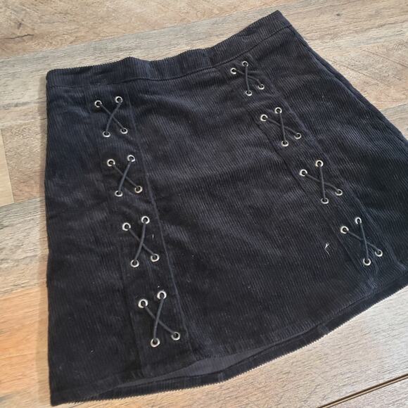 Grommets Lace Up Corduroy Zip Rib Black A-Line Mini Skirt Grunge Goth Witchy S - Picture 4 of 12